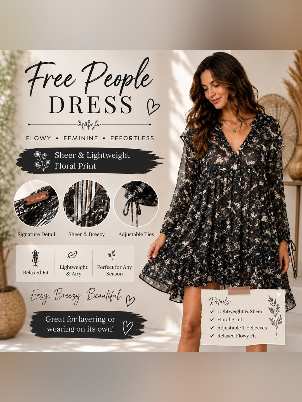 Free People Black & White Floral Sheer Babydoll Dress